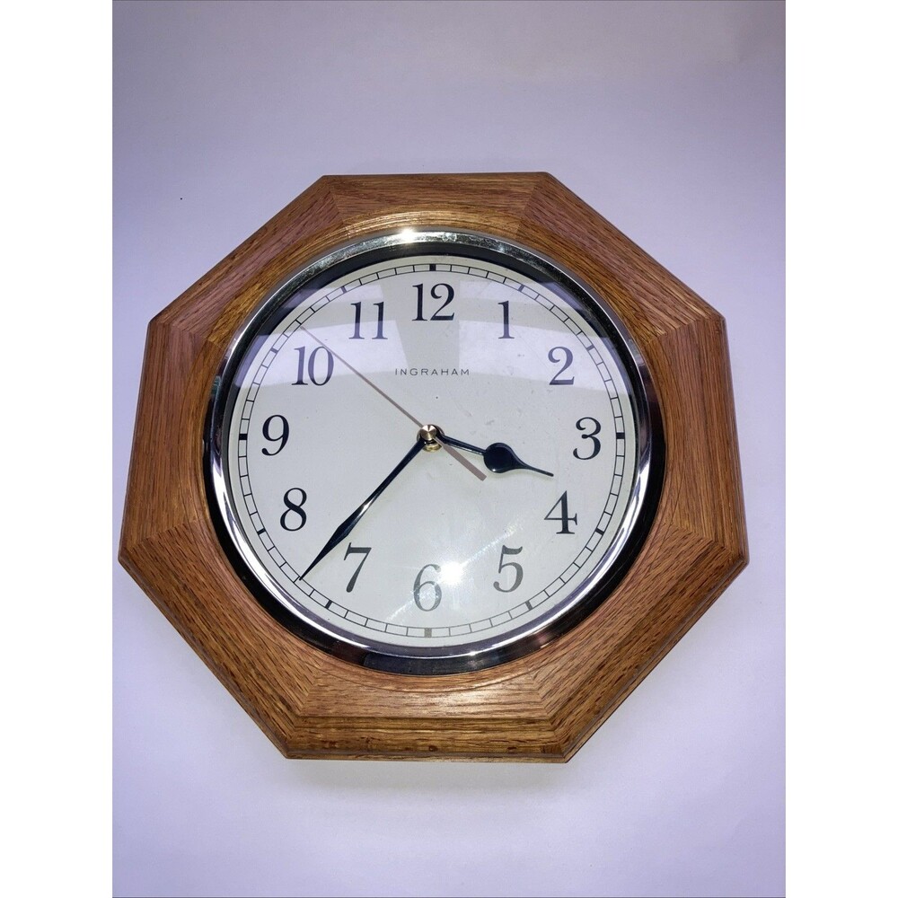 Vintage Ingraham 11.5" Octagonal Wooden Wall Clock Battery Operated